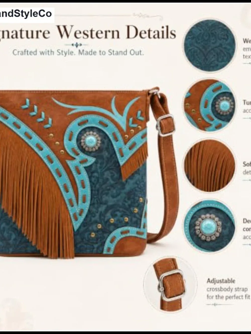 Western Fringe Crossbody Purse with Embossed Floral Brown Faux Leather Shoulder